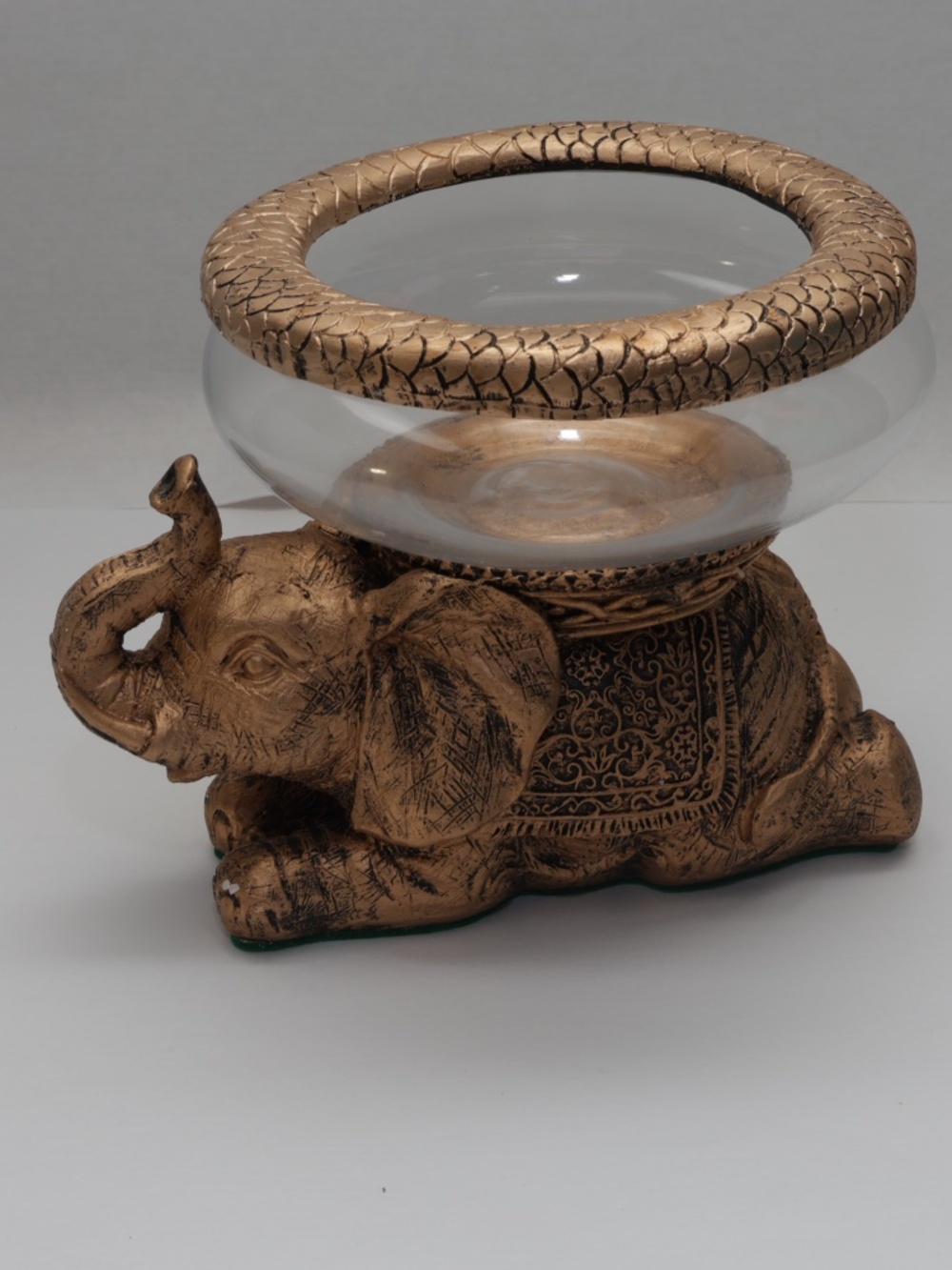 Antiqued Gold Elephant Glass Bowl Figurine - Decorative Terrarium, Candle Holder